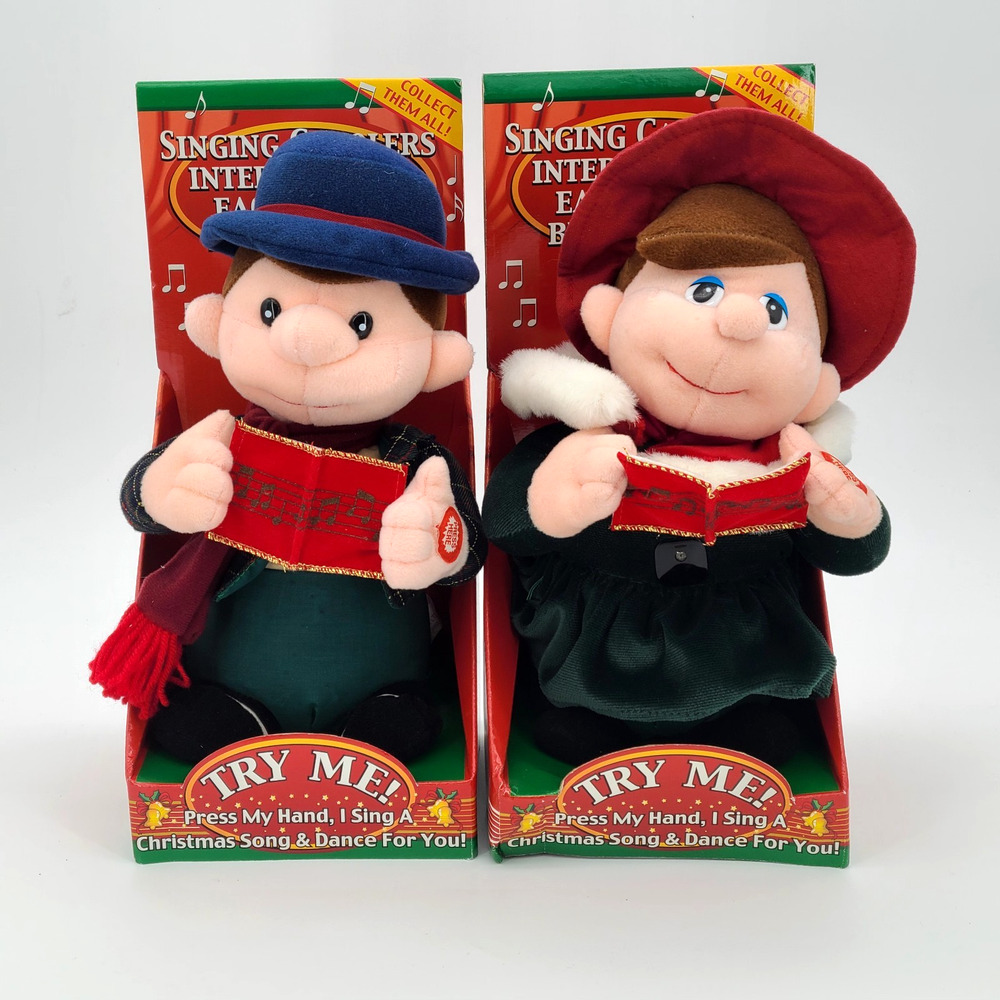2 Rare TL NEW Interactive Christmas Carolers Plush Sing Man & Woman